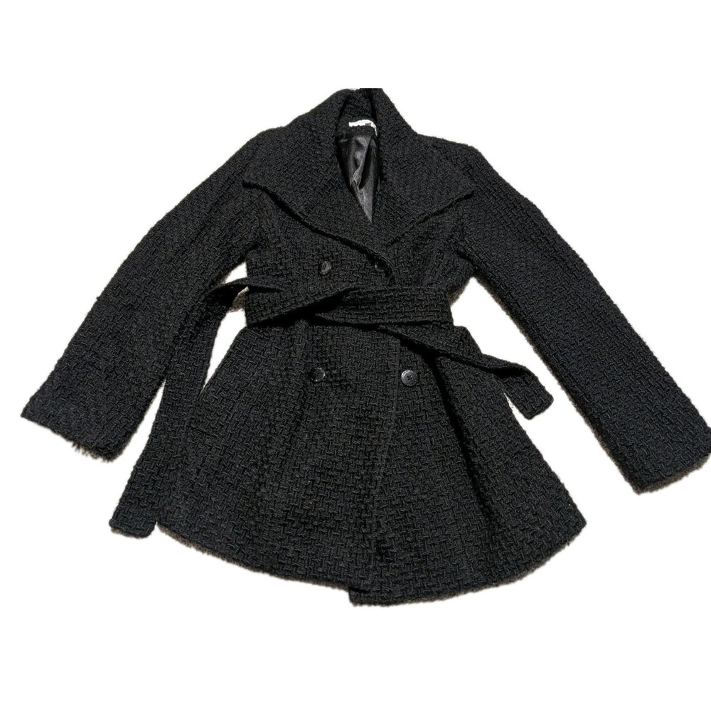 Calvin Klein Pea Coat Women S Black Belted Textured Boucle Wool Blend Coat